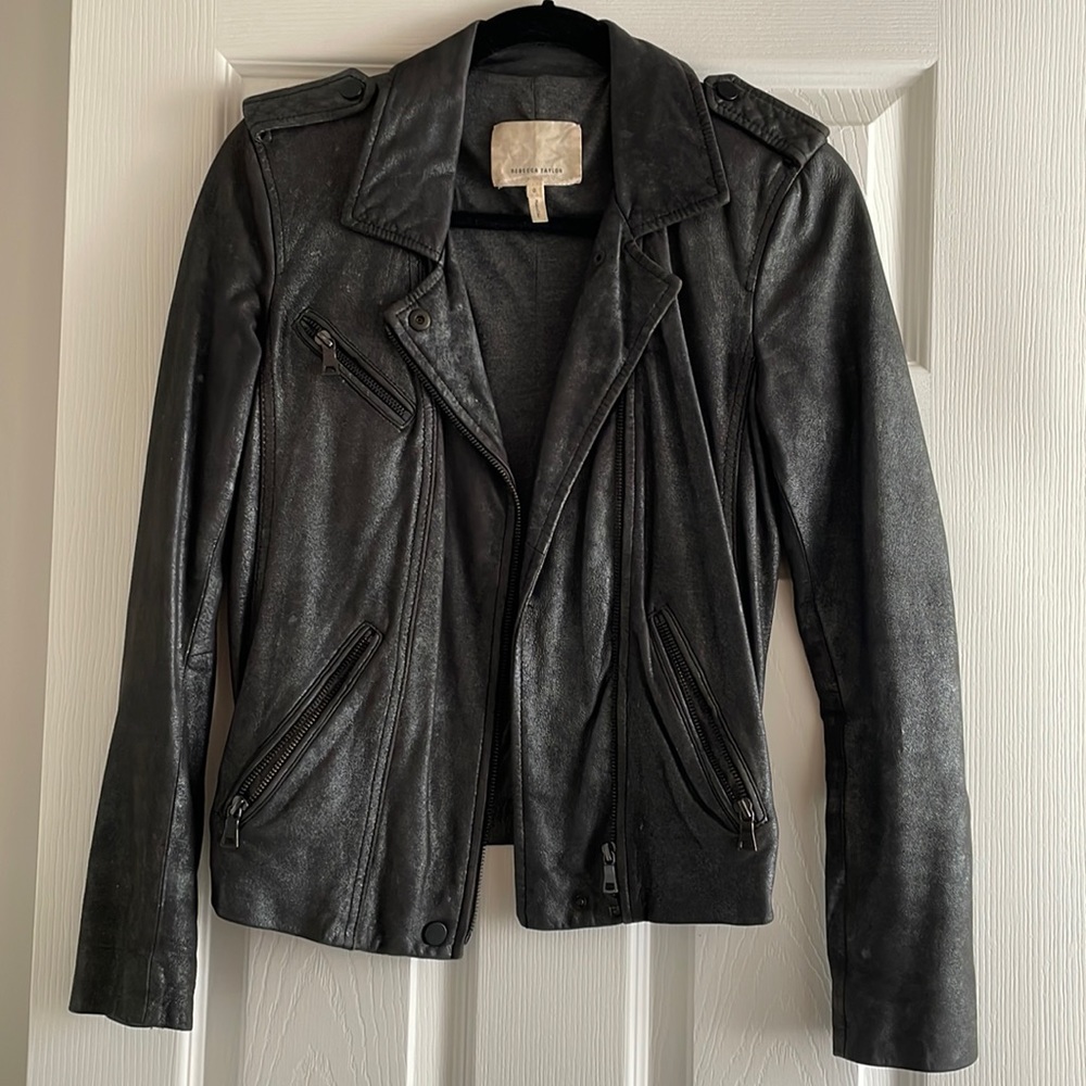 Rebecca Taylor Metallic-Leather Zip-Front Motorcycle Jacket, Gunmetal